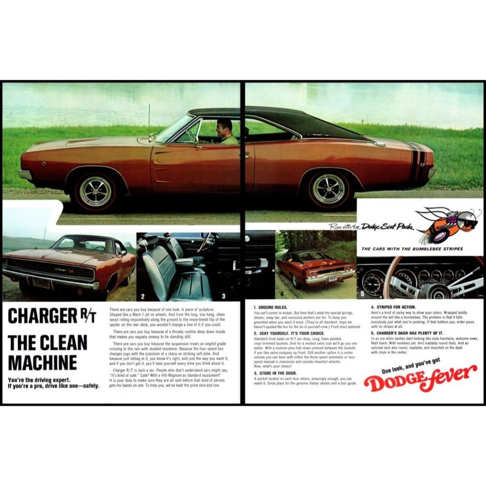 1968 Dodge Charger R/T 2 Page Vintage Print Ad Scat Pack Clean Machine Wall Art